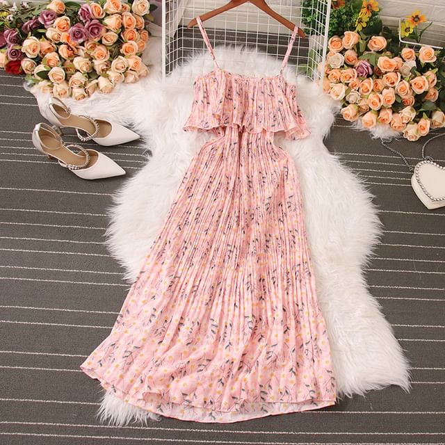 Yolandus - Spaghetti Strap Floral Print Accordion Pleated Ruffle Maxi A-Line Dress | YesStyle Yolandus - Spaghetti Strap Floral Print Accordion Pleated Ruffle Maxi A-Line Dress | YesStyle