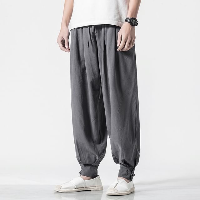 YIKES-Drawstring Waist Plain Harem Pants