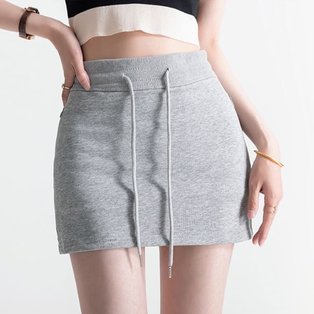 Hevnir-Drawstring Waist Plain Mini Pencil Skirt