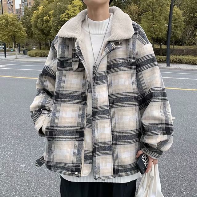 Macho-Collared Plaid Fleece-Lined Zip-Up Jacket