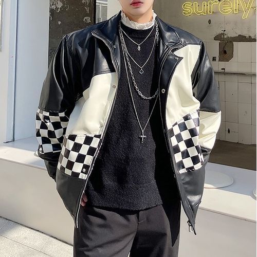 Checkered faux 2025 leather jacket