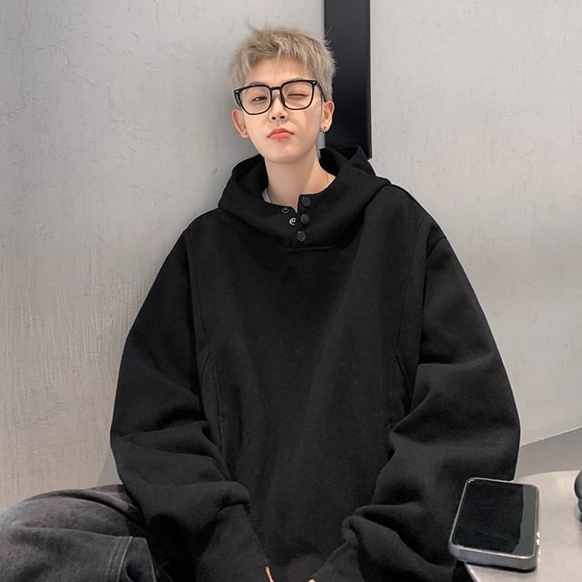 emeisa-Stand Collar Plain Button Hoodie