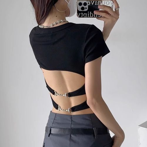 Short-Sleeve Plain Open Back Buckled Crop Tee