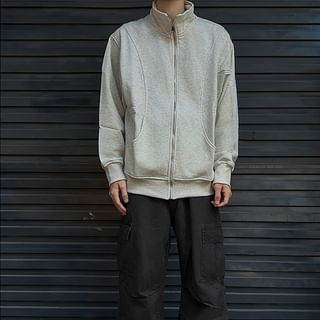 Hushgrain-Stand Collar Melange Zip Jacket