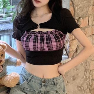 Sisyphi Short-Sleeve V-Neck Plaid Ruched Mock Two Piece Crop T