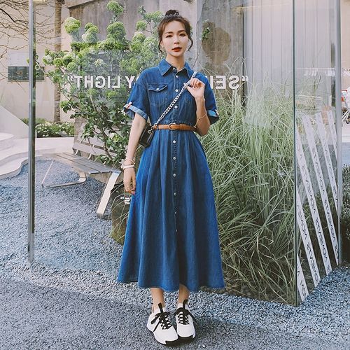 Zihan workwear style mid-length denim dress for women 2024 spring new  casual fashion high-waisted long-sleeved skirt