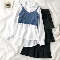 HXT - Plain Shirt / Cropped Knit Camisole Top / Layered Midi A-Line Skirt HXT - Plain Shirt / Cropped Knit Camisole Top / Layered Midi A-Line Skirt