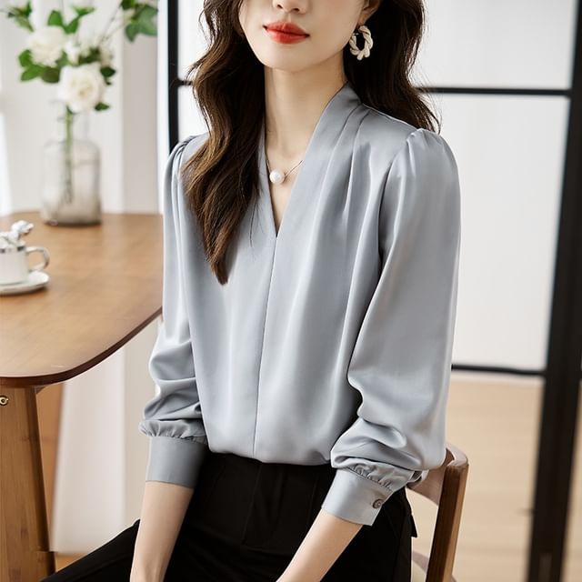 INEN-Long-Sleeve V-Neck Satin Plain Blouse