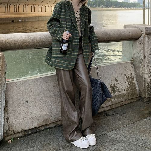 Dute Notch Lapel Plaid Single Breasted Blazer Mid Waist Plain