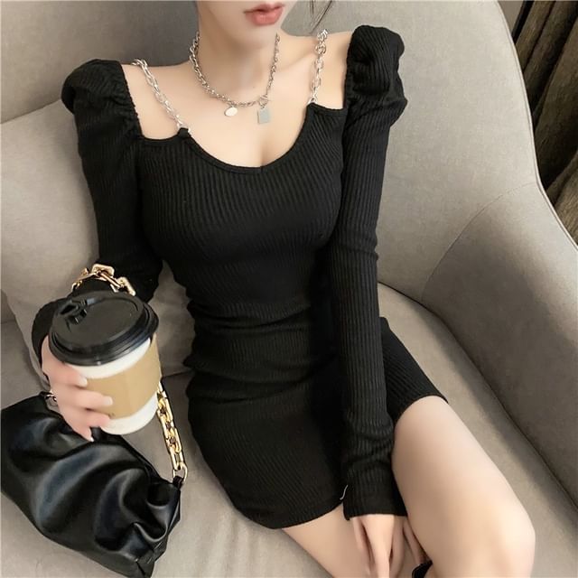 Sisyphi-Long-Sleeve V-Neck Plain Chain Strap Ribbed Knit Mini Bodycon Dress