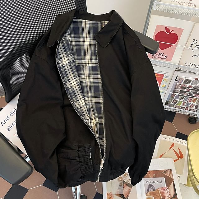 Whyessa-Collared Plaid Reversible Zip-Up Jacket