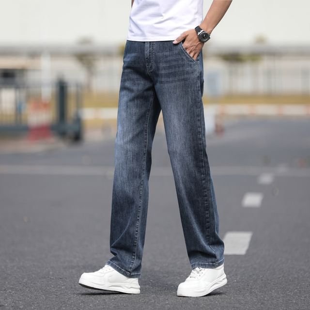 Denimic-Mid Rise Washed Straight Leg Jeans