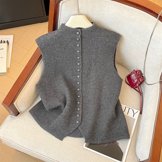 Ukiyo-Mock Neck Button-Up Plain Sweater Vest