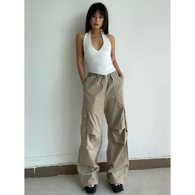 Colada-Drawstring Waist Plain Baggy Cargo Parachute Pants