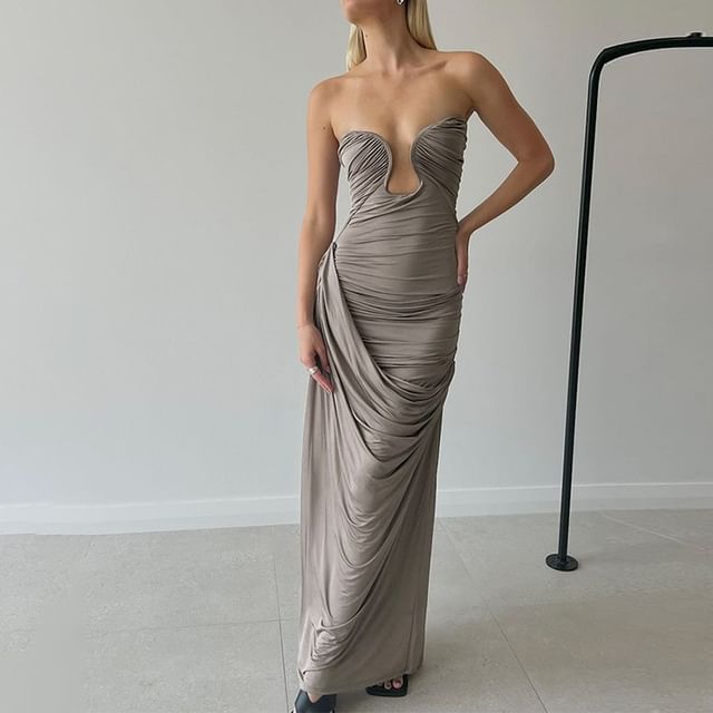 Emilyn - Plain Ruched Maxi Sheath Tube Dress | YesStyle
