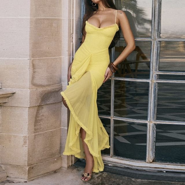 yellow spaghetti strap bodycon dress Casual yellow bodycon dress for spring