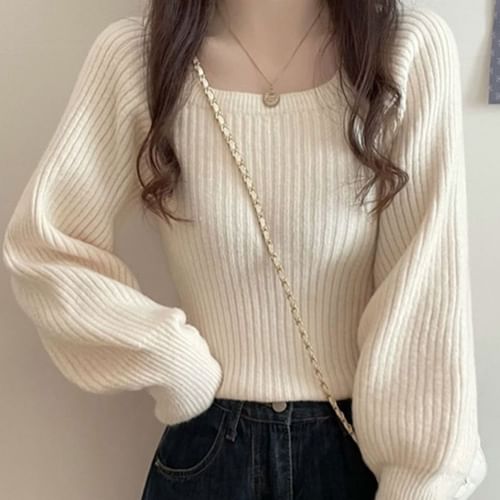Knit Ribbed Bodysuit Shirts for Women Long Puff Sleeve Sweaters