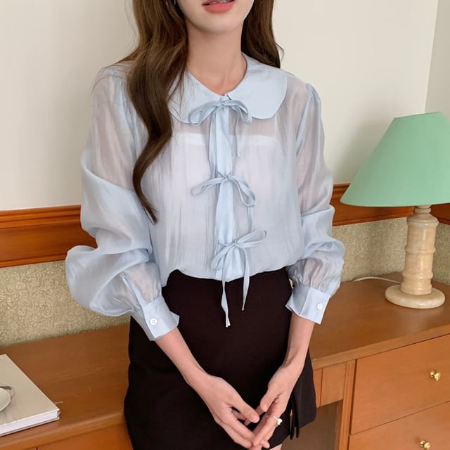 Jesong-Long Sleeve Collared Plain Knot Chiffon Blouse