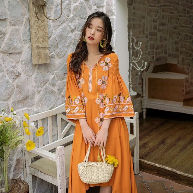 FRAIS-Bell-Sleeve Embroidered Midi Sundress