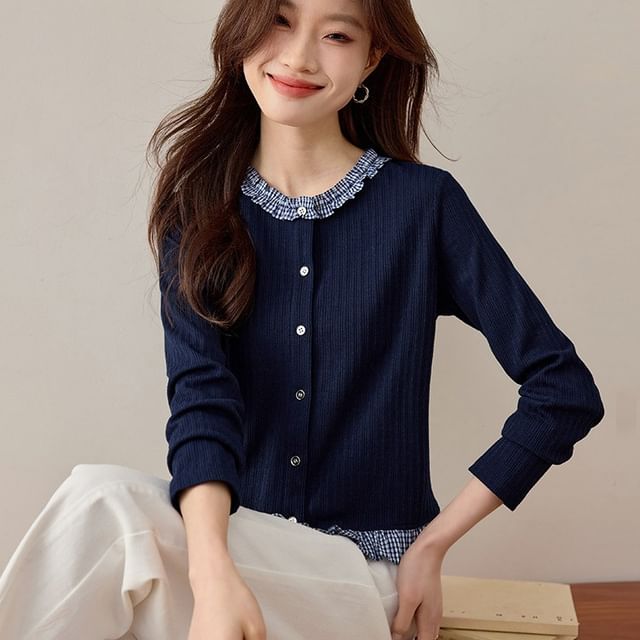 Jeonseon-Mock Two-Piece Crew Neck Gingham Panel Frill Trim Button-Up Cardigan