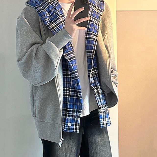 ROOSE-Plaid Mock Two Piece Hood Zip Jacket