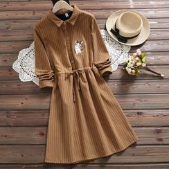 Clover Dream - Long-Sleeve Cat Embroidered Pinstriped Collared Dress