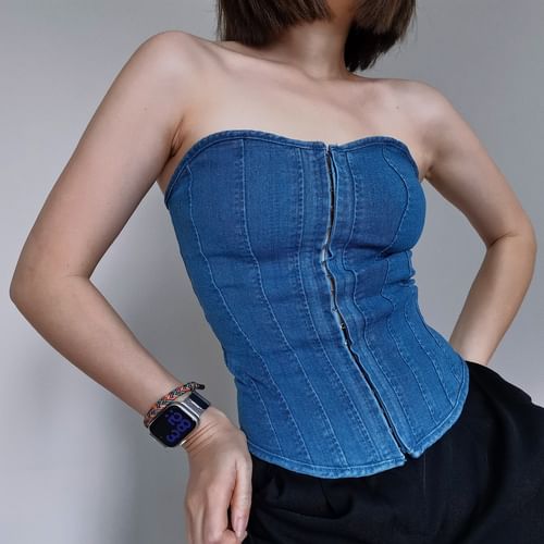 Denim corset top with logo tag in Blue for