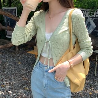 Tie-Front Pointelle Knit Cardigan