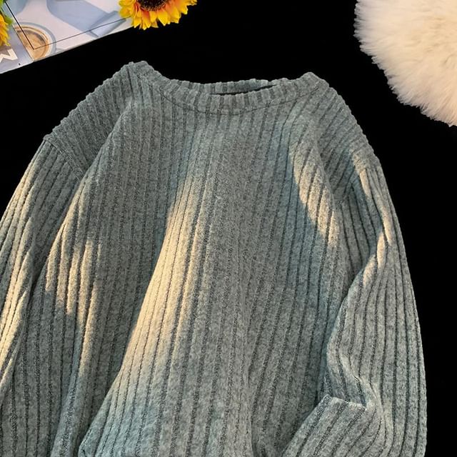 Mimiyox-Round Neck Melange Ribbed Sweatshirt