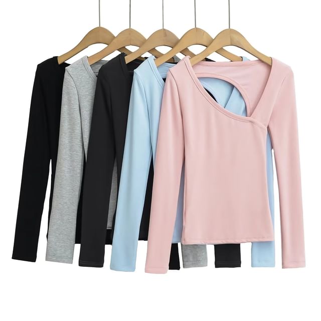 Asiris-Long-Sleeve Asymmetrical Plain Open Back T-Shirt
