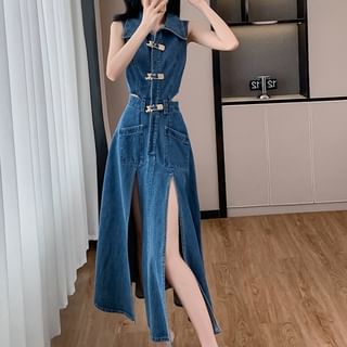 Aurora Sleeveless Buckled Slit Hem Denim Maxi A-Line Dress Sale
