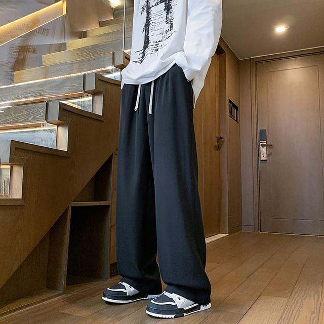 Andrei-Drawstring Waist Plain Wide Leg Pants