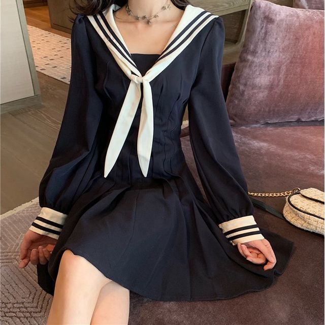 Rorah Sailor Collar LongSleeve ALine Dress YesStyle