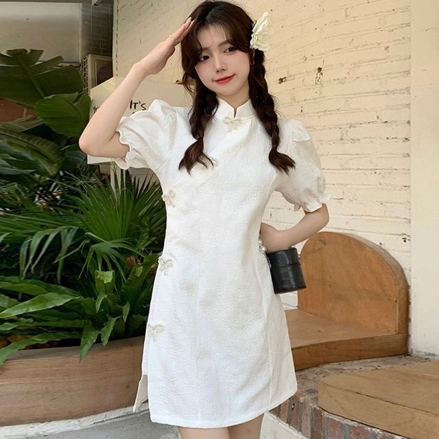 knee length dresses for ladies Puff Sleeve Mini Dress Mandarin Collar n Ruffle – Andy & Me Company main image 0