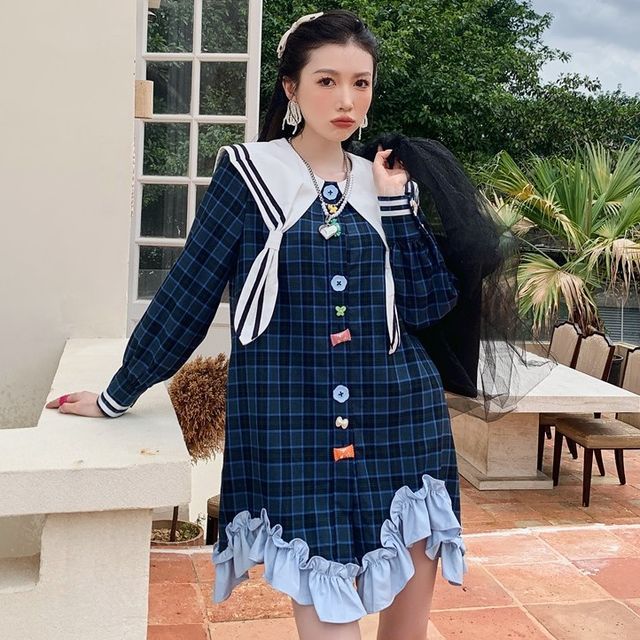 Arabesquito Puff-Sleeve Sailor Collar Plaid Ruffle Trim Mini A