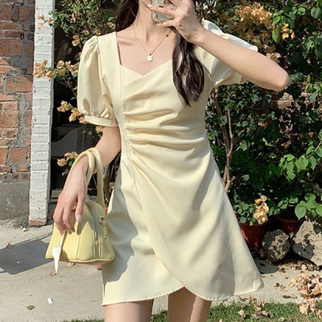 CRIBI - Short-Sleeve Plain Asymmetrical Ruched Mini A-Line Dress | YesStyle