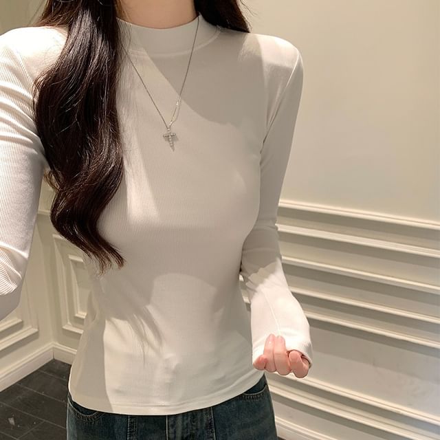 Sienne-Long-Sleeve Mock Neck Plain T-Shirt