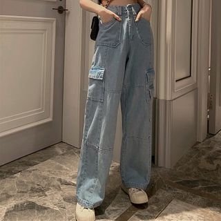 Horis Plain High-Waist Loose-Fit Cargo Jeans | YesStyle