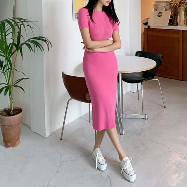 Crew-Neck Short-Sleeve Rib-Knit Dress 