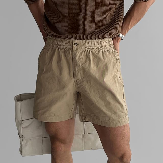 mopagrati-Elastic Waist Plain Shorts