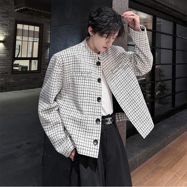 ジャケット・アウター HERRINGBONE TWEED STAND COLLAR COAT Men_sGrayHerringboneTweedShack