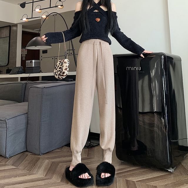 Acoustic Rain-High Waist Plain Knit Harem Pants