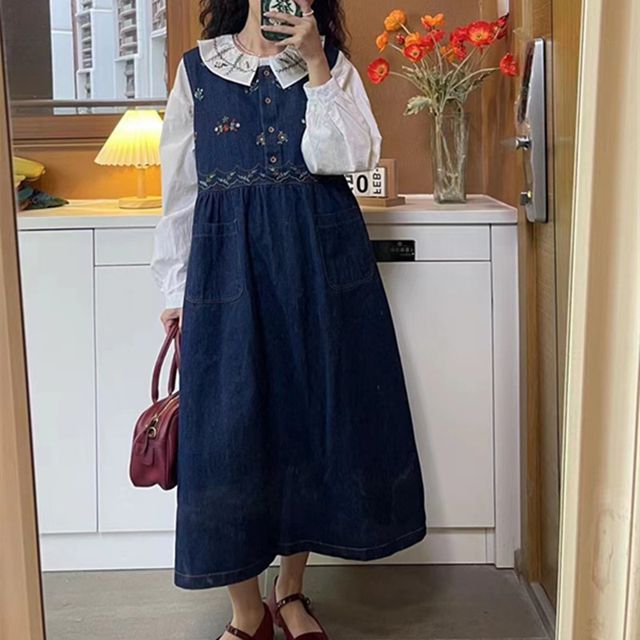 sachin and babi light blue dress Oscar de la Renta Embroidered Floral Denim Minidress main image 0