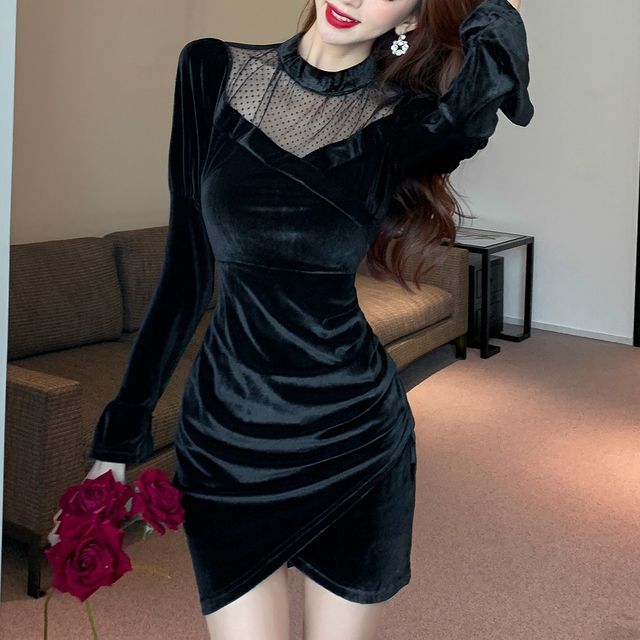 sheer panelled long sleeve mini dress Essie Sheer Panelled Long Sleeve Mini Dress in Black