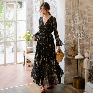 black long dress with flowers