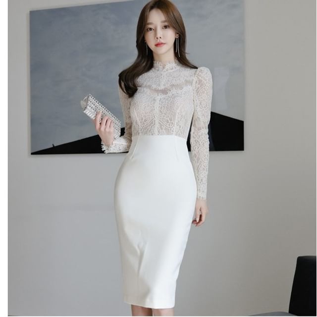 Hasu - Long-Sleeve High Neck Lace Panel Midi Bodycon Dress | YesStyle