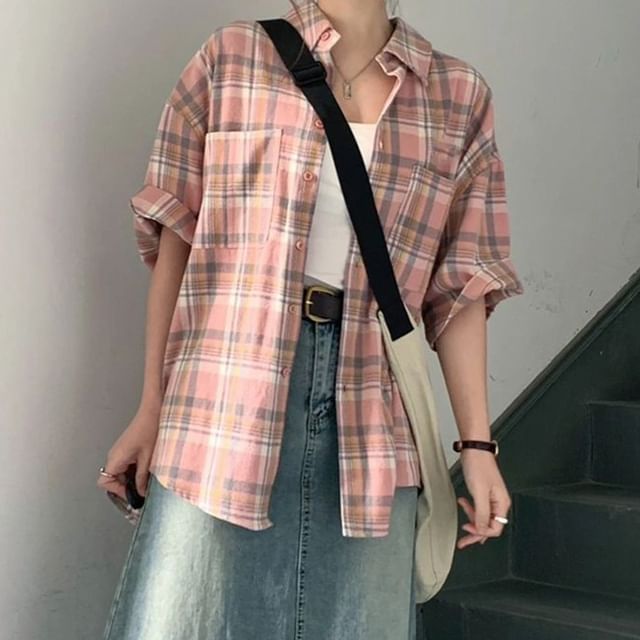 ANORA-Long-Sleeve Collared Plaid Shirt