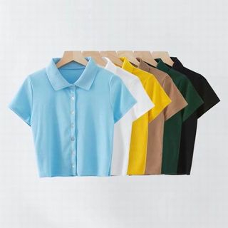 Hollahop - Single-Breasted Short-Sleeve Crop Polo Shirt | YesStyle