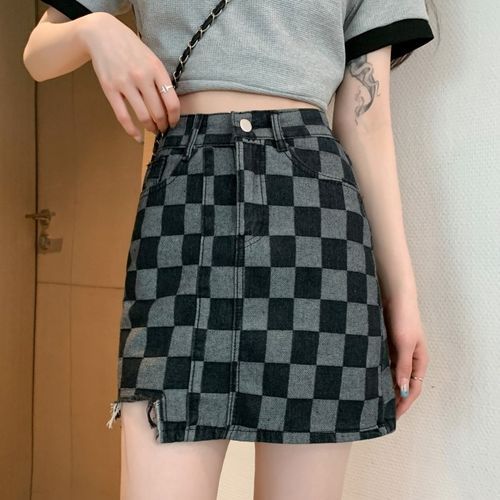 Checkered Denim Mini Skirt