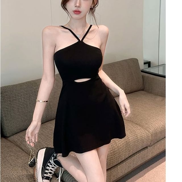 Whoosh-Spaghetti Strap Plain Cutout Open Back Mini A-Line Dress